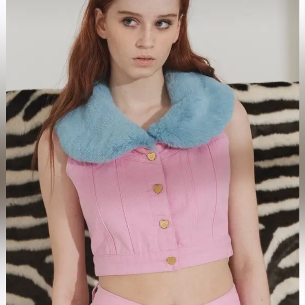 Lazy Oaf GEM Pink Denim Vest with Blue Faux Fur Collar